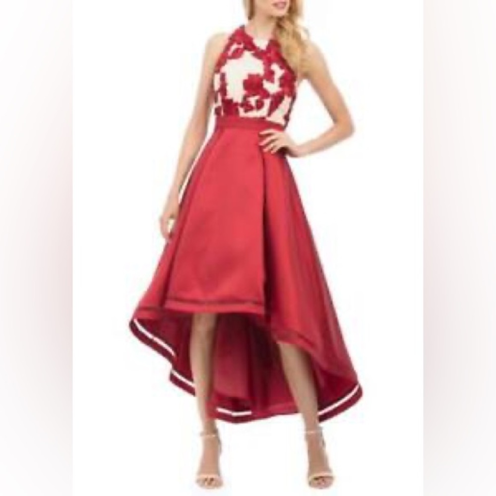 Nicole Miller Hi Low Dress Cut Out Back Covered Buttons Red & Cream Sz8 AMAZING